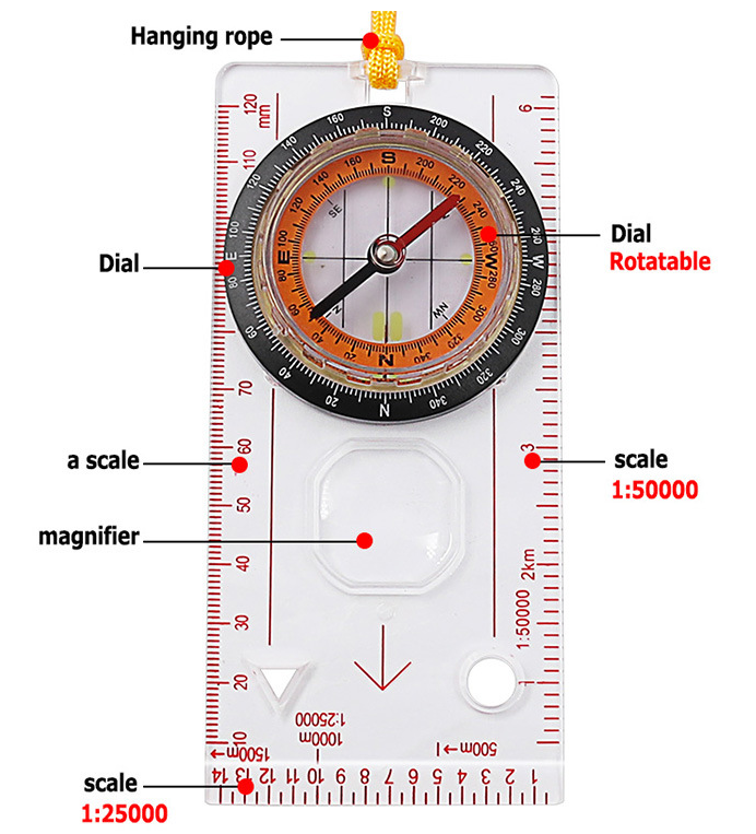 Hot Sell High Quality Acrylic Compass Map Scale Ruler Luminous Folding Glow Compass