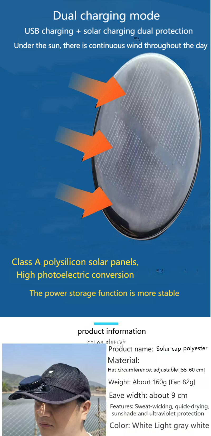 Factory DirectSales Solar Fan Hat Outdoor Sun Protection Wide Brim Cap UV Shield Cooling Hat for Fishing Camping Hiking Beach