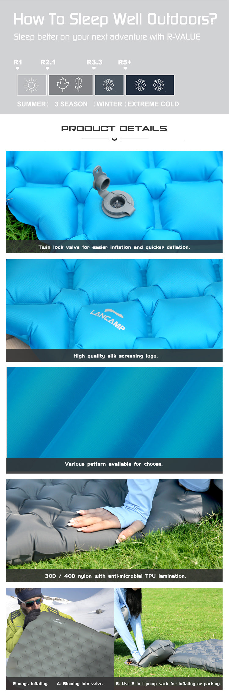 40D Nylon Camping Sleeping Pad Air Mattress Double Inflatable Mattress TPU Camping Mattress Waterproof Ultralight Camping Mat